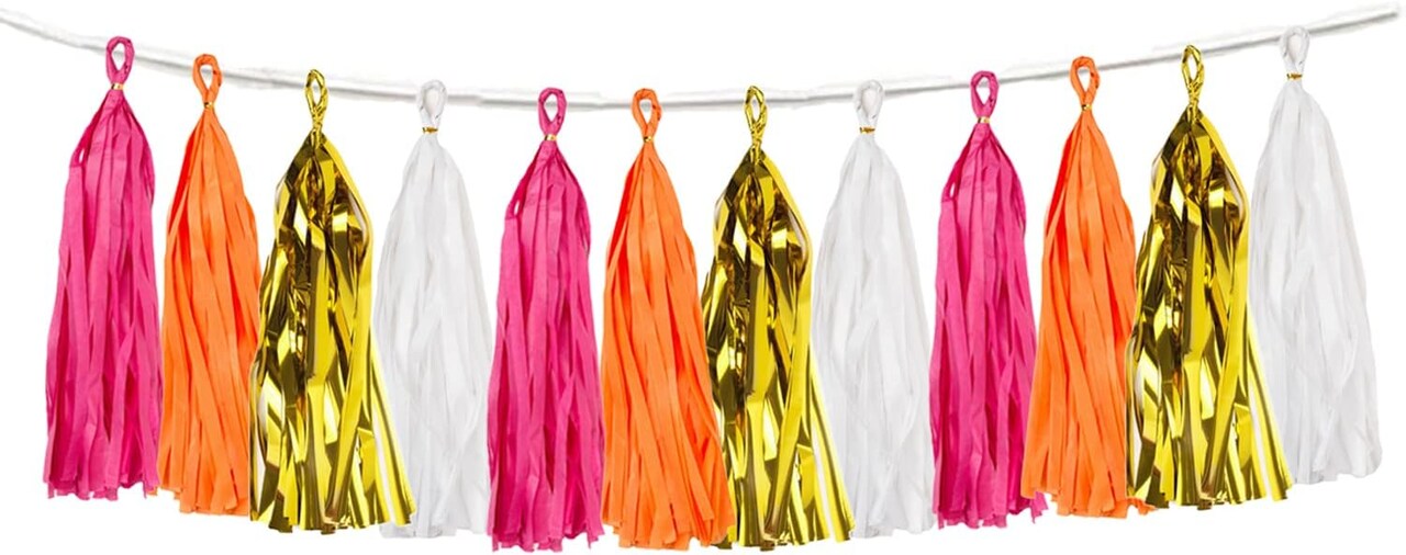 20PCS Hot Pink Orange DIY Tissue Tassel Banner Paper Party Garland Streamer for Graduation Summer Luau Flamingo Girl Baby Shower Pumpkin Birthday Party Wedding Nursery Classroom Décor